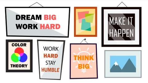 Office Interior Pictures Set Vector. Different Frames With Motivational Text Illustrazione stock