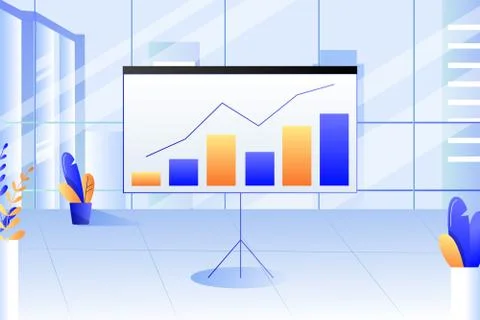 Office interior. Presentation report with diagram, charts. Business strategy, Illustrazione stock