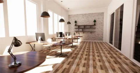 Office interior with a row under large windows. Massive ceiling lamps.3D rend Stock Illustration