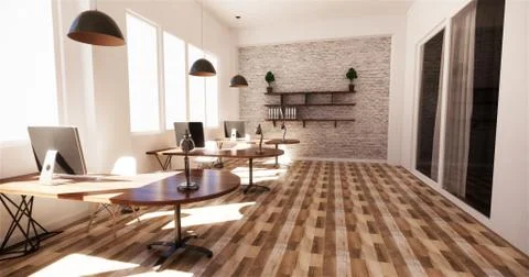 Office interior with a row under large windows. Massive ceiling lamps.3D rend Stock Illustration