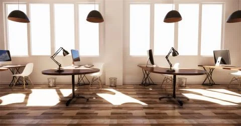 Office interior with a row under large windows. Massive ceiling lamps.3D rend Stock Illustration