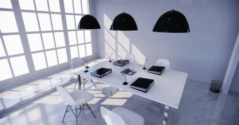 Office interior with a row under large windows. Massive ceiling lamps.3D rend Stock Illustration