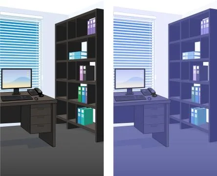 Office interior scene detailed background Stock Illustration