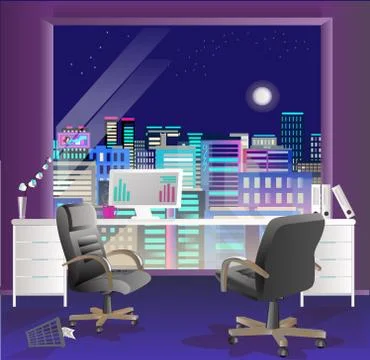 Office interior vector business background, desks chairs, computer desk, desktop Stock Illustration