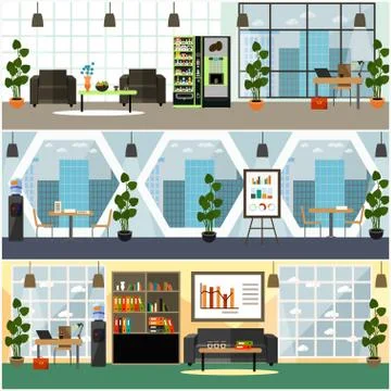 Office interior vector flat poster set Stock Illustration