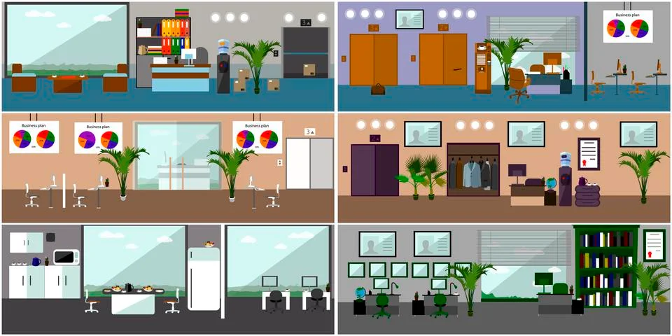 Office interior. Vector illustration in flat style design. Modern  rooms with 库存插图