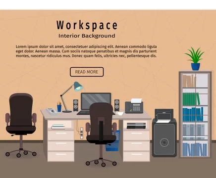 Office interior workspace. Workplace organization concept. Web design banner. Stock Illustration