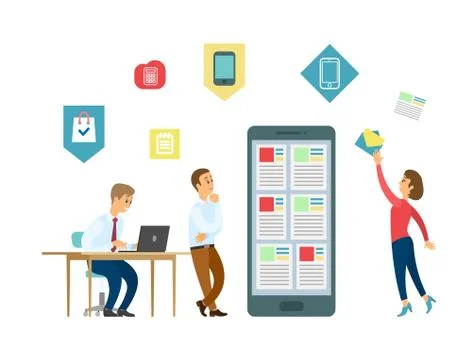 Office IT Workers and Mobile App Development Stock Illustration