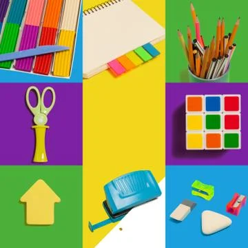 Office items on colorful background Stock Photos