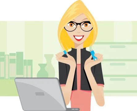 Office lady is using a thumbdrive Illustrazione stock
