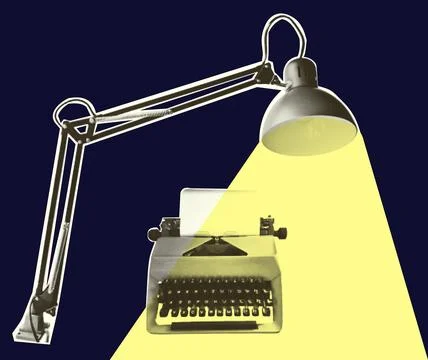 Office lamp and retro typewriter. Vintage bulb equipment イラスト素材