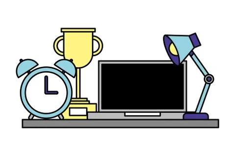 Office lamp computer trophy and clock イラスト素材