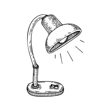 Office lamp sketch. Table lighting object line art. Hand drawn doodle vecto.. Stock Illustration