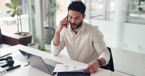 Office, laptop and man with document, phone call and financial advisor with data Stock Footage 335898040
