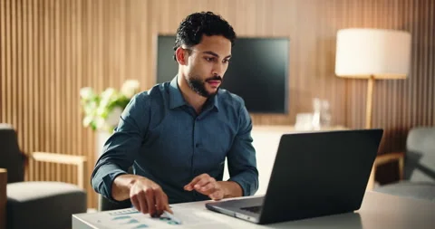 Office, laptop and man with notes for business plan, graphs or development of Stock Footage 326463314