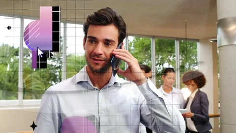 Office lead checking phone calling and confirming with team using tablet, purple Stock Footage 333720117