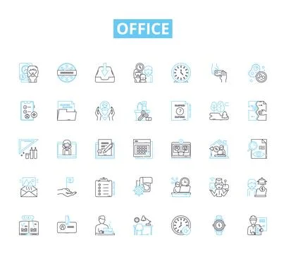 Office linear icons set. Desk, Computer, Printer, Ph, Filing, Meeting, Chair Stock Illustration