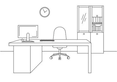 Office in a linear style. Workplace with a computer. Stock Illustration