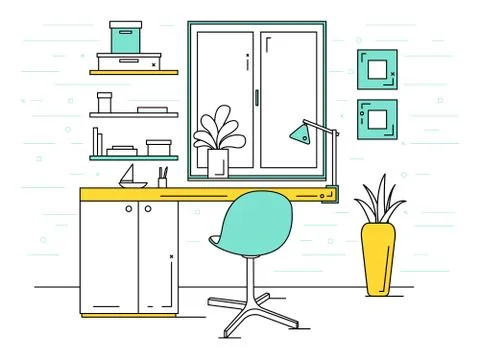 Office in a linear style. Workplace with a computer. Stock Illustration