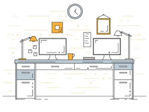 Office in a linear style. Workplace with a computer. 스톡 일러스트