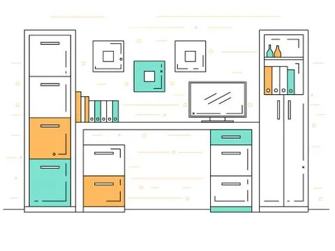 Office in a linear style. Workplace with a computer. Stock Illustration