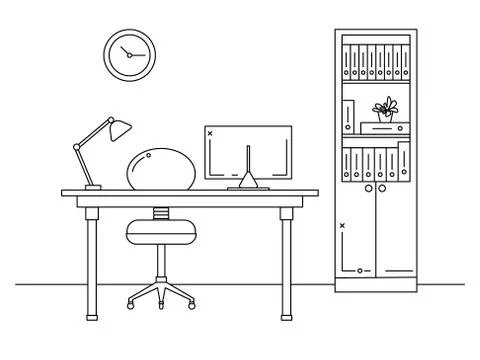 Office in a linear style. Workplace with a computer. Stock Illustration