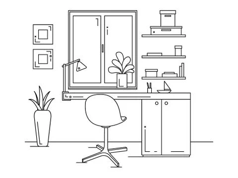 Office in a linear style. Workplace with a computer. Stock Illustration