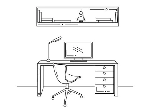Office in a linear style. Workplace with a computer. Vector Stock Illustration