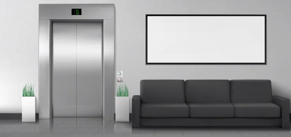 Office lobby with elevator, sofa and white poster 스톡 일러스트