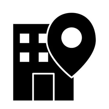Office location pin solid icon. Building on map vector illustration isolated on Stock Illustration