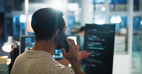 Office, man and developer with computer screen for phone call, coding consulting Stock Photos