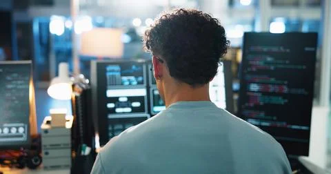 Office, man and programmer with computer screen for coding, backend script and Stock Photos