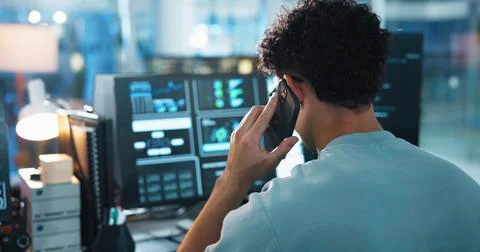 Office, man and programmer with computer screen for phone call, coding Stock Photos
