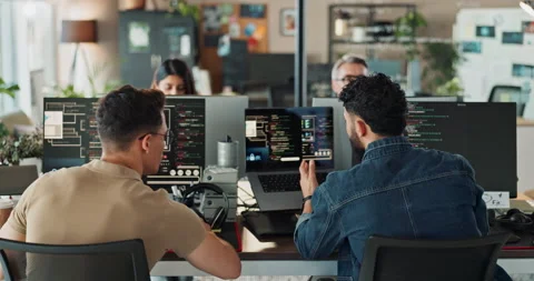 Office, man and training on computer for coding with teamwork and collaboration Stock Footage 290057778