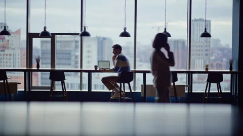 Office man calling cell at panoramic window hall. Corporate manager talking Stock Footage 335302002