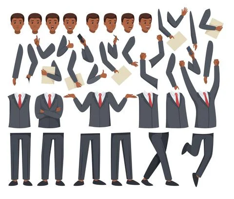 Office Man Constructor and Creation Kit with Body Gesture and Face Emotion Illustration