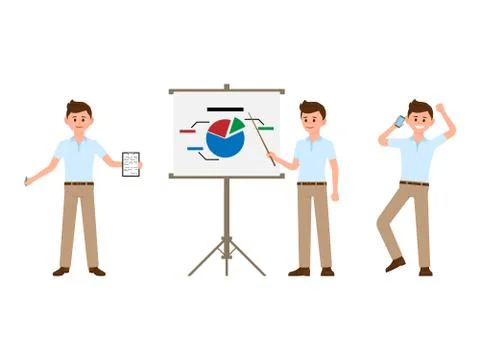 Office man making notes, presentation, talking on phone cartoon character Stock Illustration