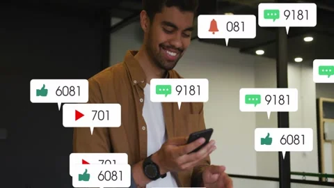 Office man scrolling smartphone causing social media icons flooding, calling Stock Footage 333833468