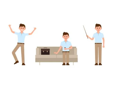 Office man sitting on sofa, jumping, standing with wooden pointer cartoon cha Stock Illustration