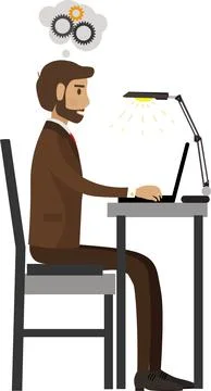 Office man working on laptop computer brainstorming vector icon isolated on Stock Illustration