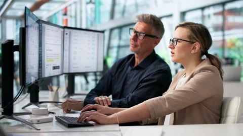 Office Manager And IT Specialist Review Digital Document Workflow Stock Footage 335876559