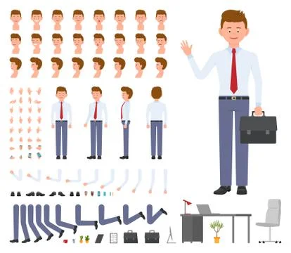 Office manager cartoon character constructor design set. Young adult worker i Stock Illustration