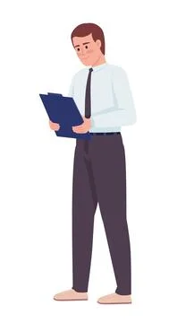 Office manager checking handwritten notes on tablet color vector character Stock Illustration