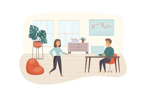 Office manager optimizes office work, colleague works on laptop scene. Manage Stock Illustration