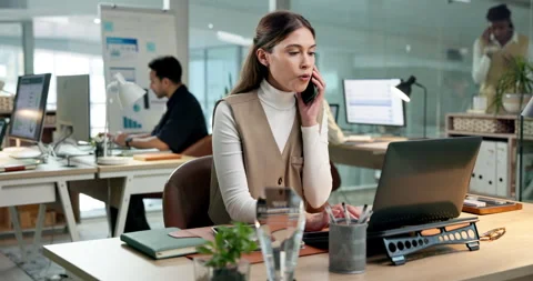 Office manager, phone call and woman with laptop, talking or communication with Video stock 342334377
