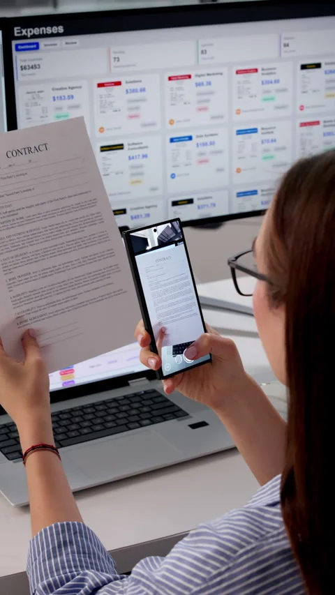 Office Manager Scanning Document With Smartphone Stock Footage 333400459