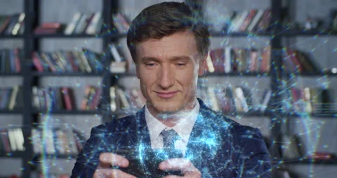 Office Manager Using Smartphone with Digital Rotating Hologram. Slow Motion Stock Footage 135236709