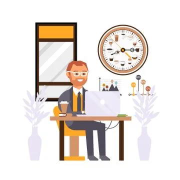 Office manager at work, creative coffee break clock on wall, people cartoon 스톡 일러스트
