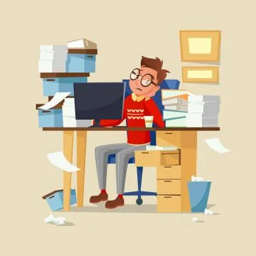 Office manager work routine illustration of tired frustrated man with documents イラスト素材