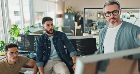Office, men and brainstorming on board for coding project with teamwork and Stock Footage 290122541